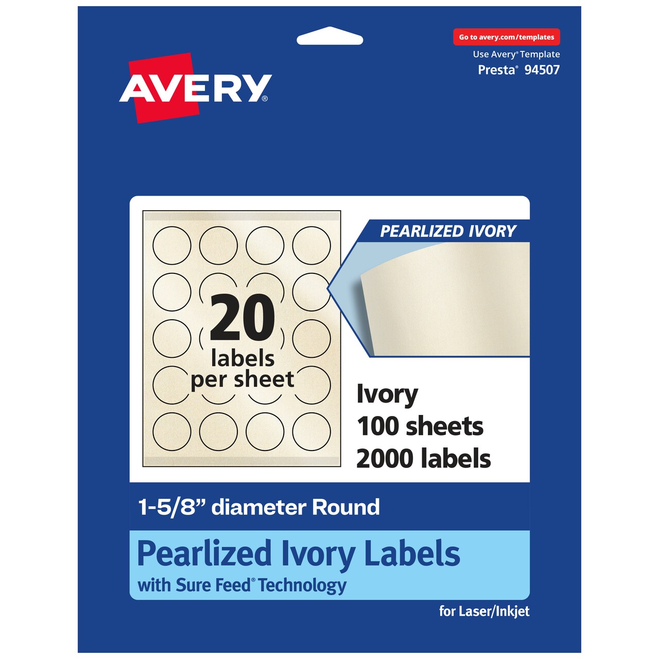 Avery Pearlized Ivory Round Labels with Sure Feed Technology, Print-to-the-Edge, 1-5/8" diameter